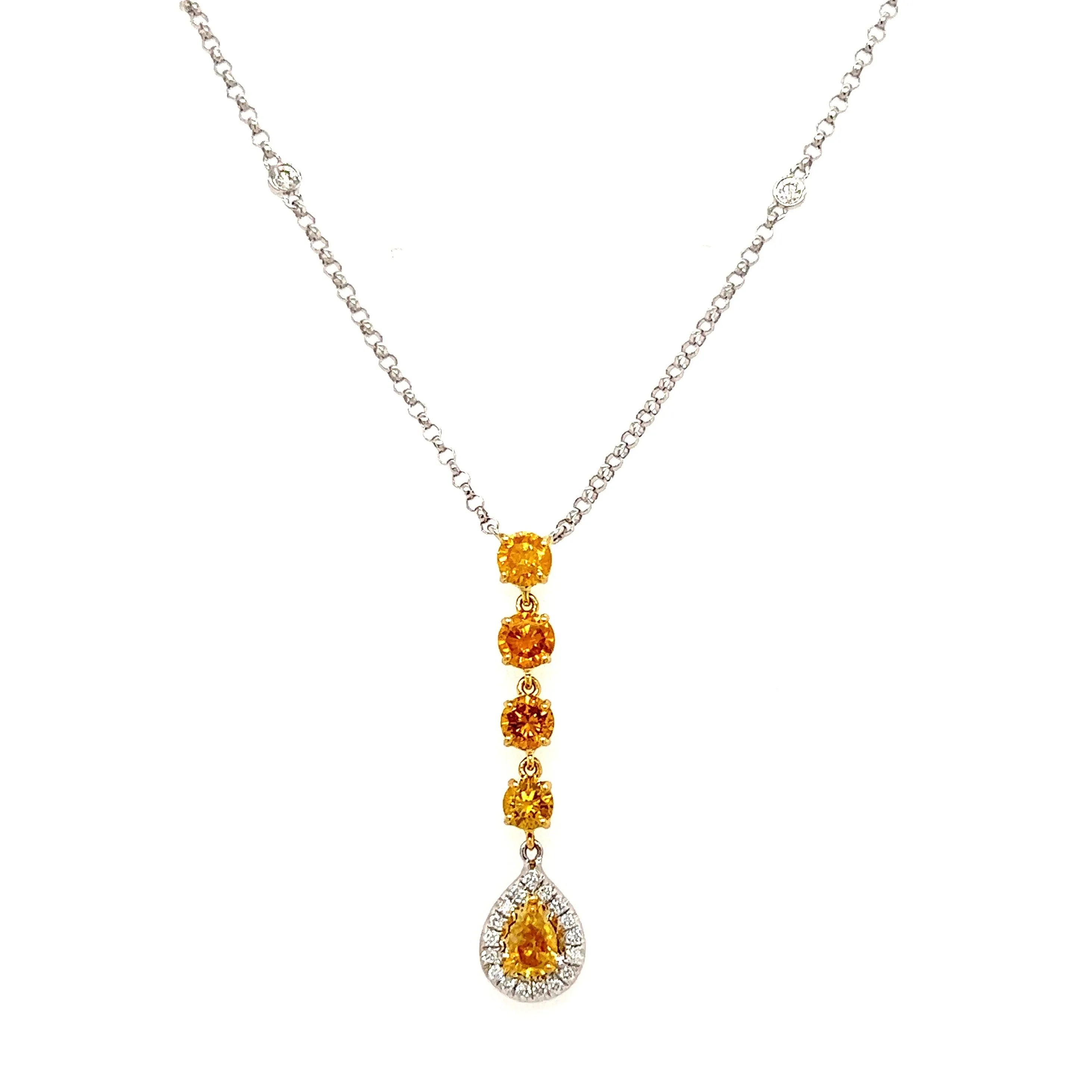 Yellow Diamond Necklace with Twenty One Diamonds in 18K White Gold